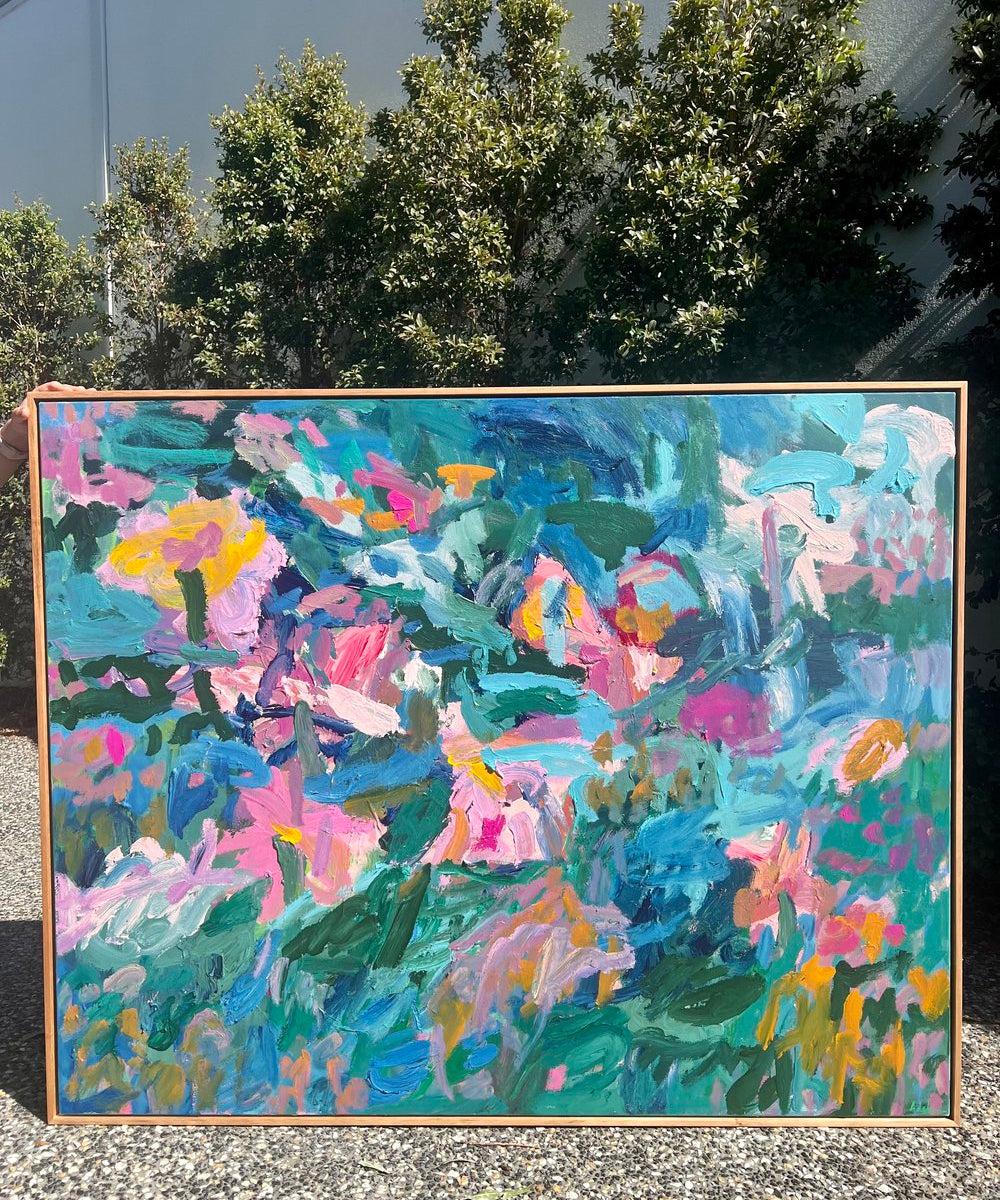 MOVING HEART Acrylic on canvas, 123cm x 153cm, framed in Raw Oak from Brisbane framing.